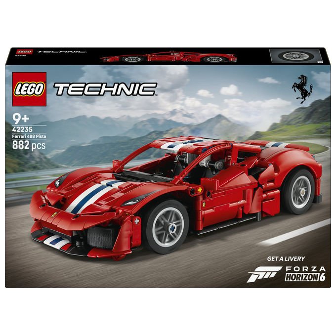 Lego 42235 LEGO Technic Set da costruzione per bambini 882 pezzi con motore V8 pistoni mobili sterzo funzionante portiere e cofano apribili codice digitale Forza Horizon 6 colore Rosso