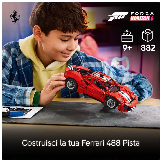 Lego 42235 LEGO Technic Set da costruzione per bambini 882 pezzi con motore V8 pistoni mobili sterzo funzionante portiere e cofano apribili codice digitale Forza Horizon 6 colore Rosso
