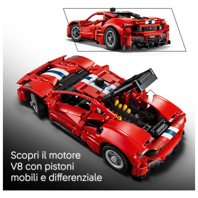 Lego 42235 LEGO Technic Set da costruzione per bambini 882 pezzi con motore V8 pistoni mobili sterzo funzionante portiere e cofano apribili codice digitale Forza Horizon 6 colore Rosso