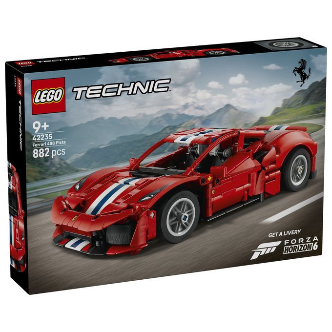 Lego 42235 LEGO Technic Set da costruzione per bambini 882 pezzi con motore V8 pistoni mobili sterzo funzionante portiere e cofano apribili codice digitale Forza Horizon 6 colore Rosso