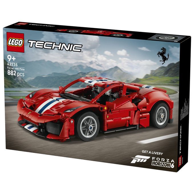 Lego 42235 LEGO Technic Set da costruzione per bambini 882 pezzi con motore V8 pistoni mobili sterzo funzionante portiere e cofano apribili codice digitale Forza Horizon 6 colore Rosso