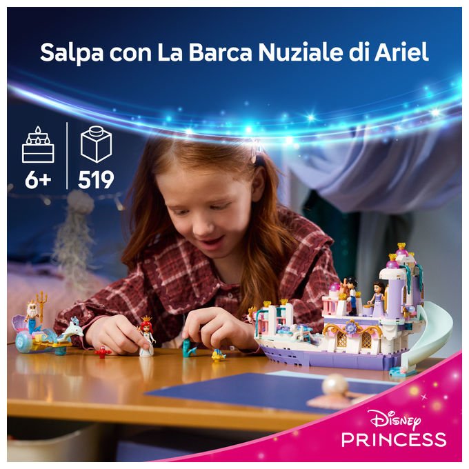 Lego 43299 Disney Princess Barca Nuziale Ariel Giocattolo collezione 519 Pezzi Minifigure Ariel Eric Re Tritone Vanessa Flounder Sebastian Max Set Bambini e Bambine 6 Anni idea regalo colore non specificato