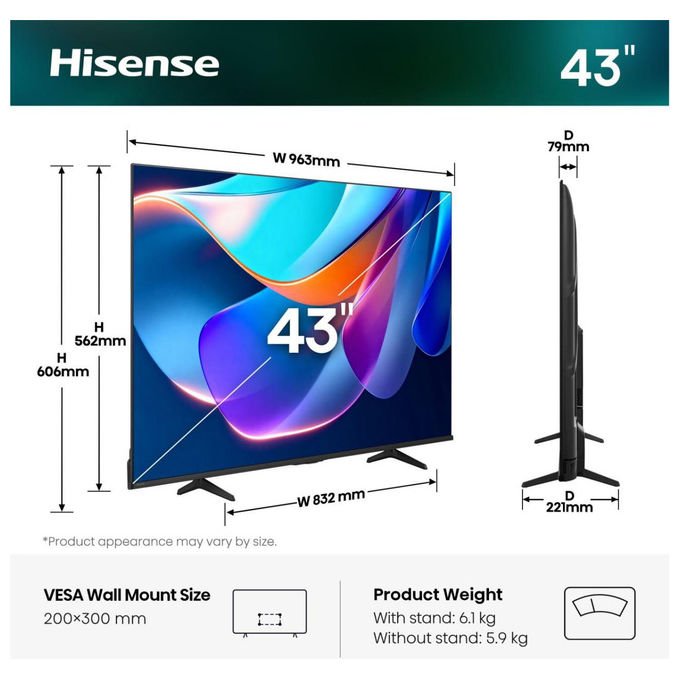 Hisense 43A6S Smart TV 43'' 4K Ultra HD QLED VIDAA Dolby Vision Wi-Fi colore Nero