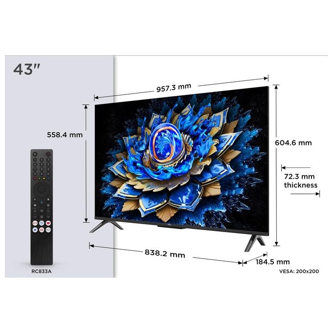 TCL 43T69C T69C Smart TV QLED 43'' 4K Ultra HD Google TV Dolby Vision HDR10+ 60Hz colore Metallico