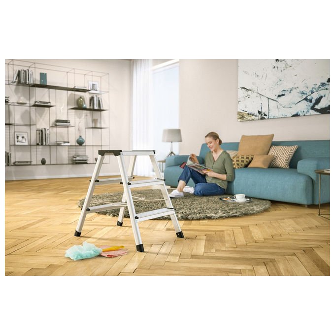 Hailo 4442-701 StandardLine Scaletta pieghevole a doppio gradino 2x2 gradini in alluminio con piedi antiscivolo e portata 150 kg colore Argento