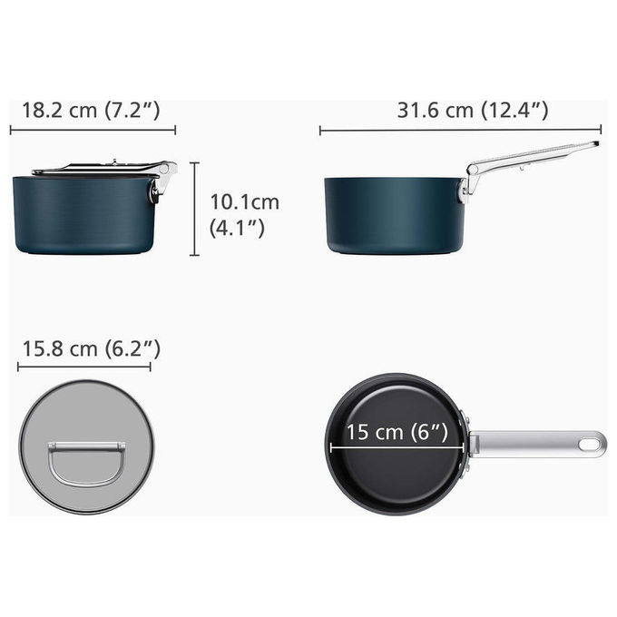 Joseph Joseph SPACE2301 Casseruola 1.3 L con Coperchio in Vetro Temperato e Manico Pieghevole in Acciaio Inox Tecnologia SwingLock colore Blu