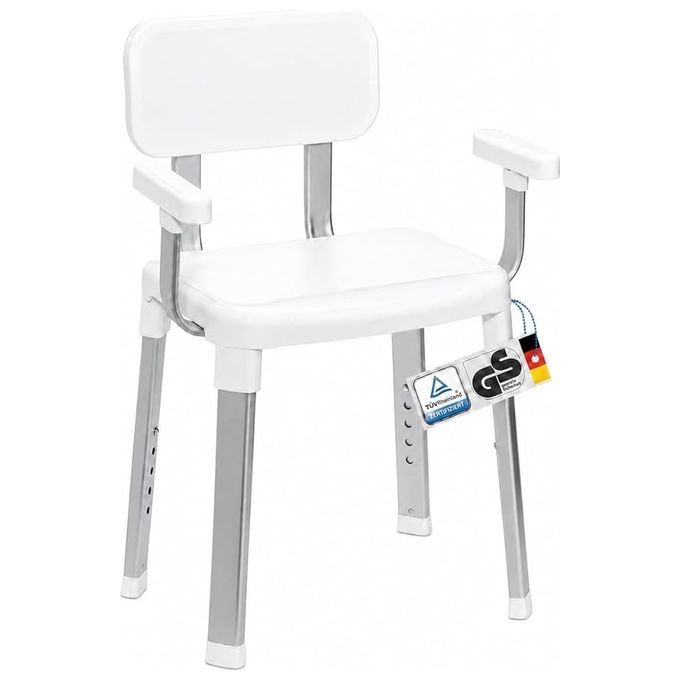 Weinberger 43907 Sedia da Doccia con Schienale e Braccioli Regolabile in Altezza Fino a 150 Kg Antiscivolo colore Bianco