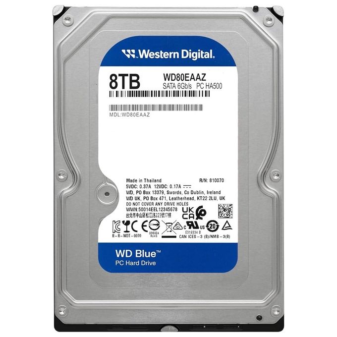 Western Digital WD80EAAZ Blue HDD Interno 8TB 3.5'' SATA 6Gb-s 5640 rpm 256MB Cache colore Nero