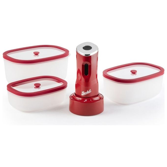 Berkel BK-ICNMV00QVCR ICON MINI VACUUM Kit sottovuoto elettrico con contenitori 0.5 0.9 1.4 L e sacchetti in plastica senza BPA e silicone resistente al calore fino a 92 °C e al freddo fino a -18 °C colore rosso