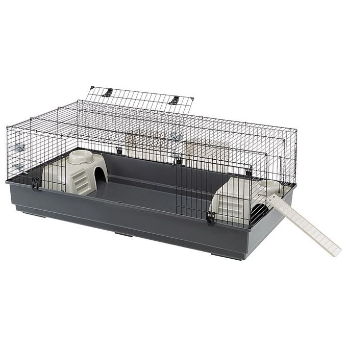 FERPLAST Gabbia Roditori RABBIT 140 per Conigli, Cavie, Porcellini d'India, in Metallo, Accessori inclusi:  Mangiatoie, Beverini, Ciotole, Casette, Rampa di accesso dall'esterno. 140x71xh51cm