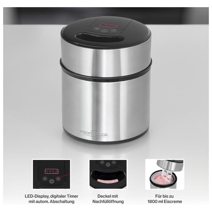 Proficook 501140 Macchina per Gelato 1,8 Litri Nero-Acciaio Inossidabile 12W