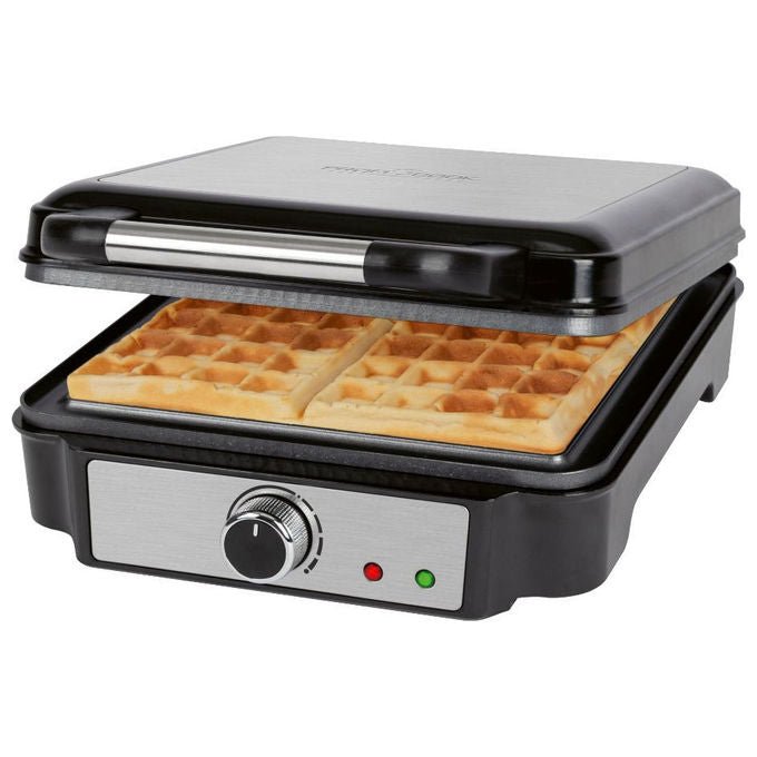 ProfiCook PC-WA 1241 Piastra per Waffle 4 Waffle Quadrati 1200 W Antiaderente Termostato Regolabile colore Nero Acciaio inox