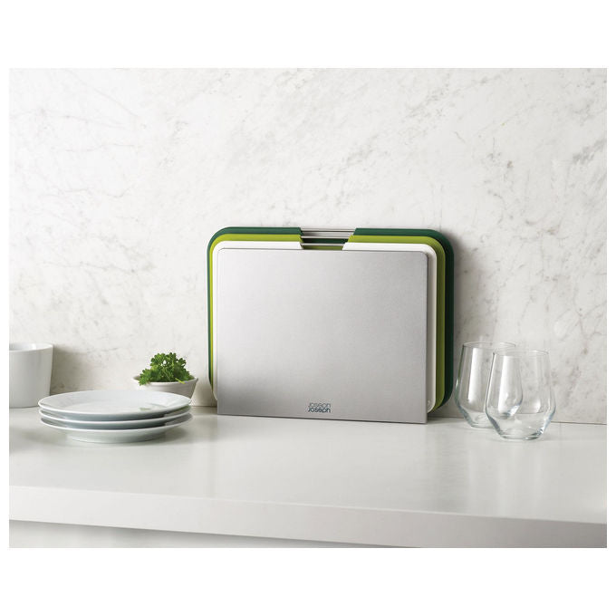 Joseph Joseph 60164 Nest Set di 3 Taglieri con Supporto Antiscivolo e Solco Raccogligoccia Verde