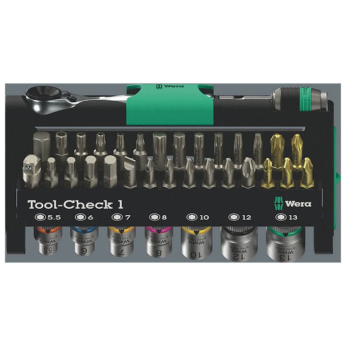 Wera 5049050001 Tool-Check 1 Set di utensili 38 pezzi con cricchetto 1-4 pollici 60 denti in acciaio inossidabile colore Nero Verde Acciaio inox