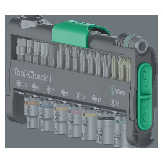 Wera 5049050001 Tool-Check 1 Set di utensili 38 pezzi con cricchetto 1-4 pollici 60 denti in acciaio inossidabile colore Nero Verde Acciaio inox