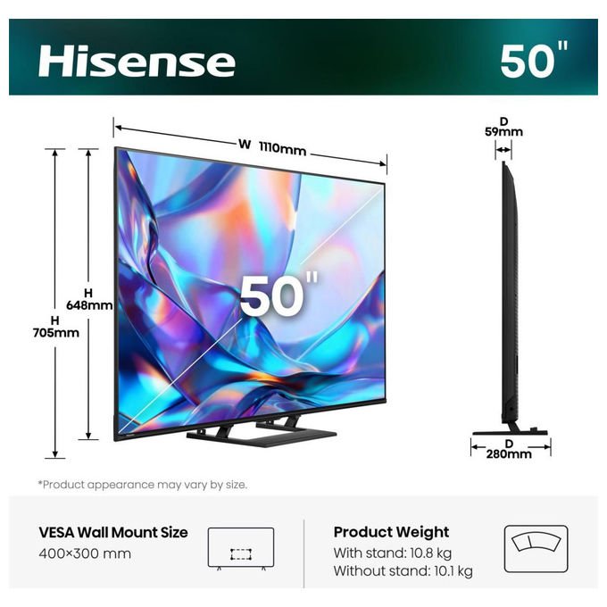 Hisense 50A79S TV DLED 4K 3 porte HDMI Wi-Fi Bluetooth 127 cm (50'') colore Nero