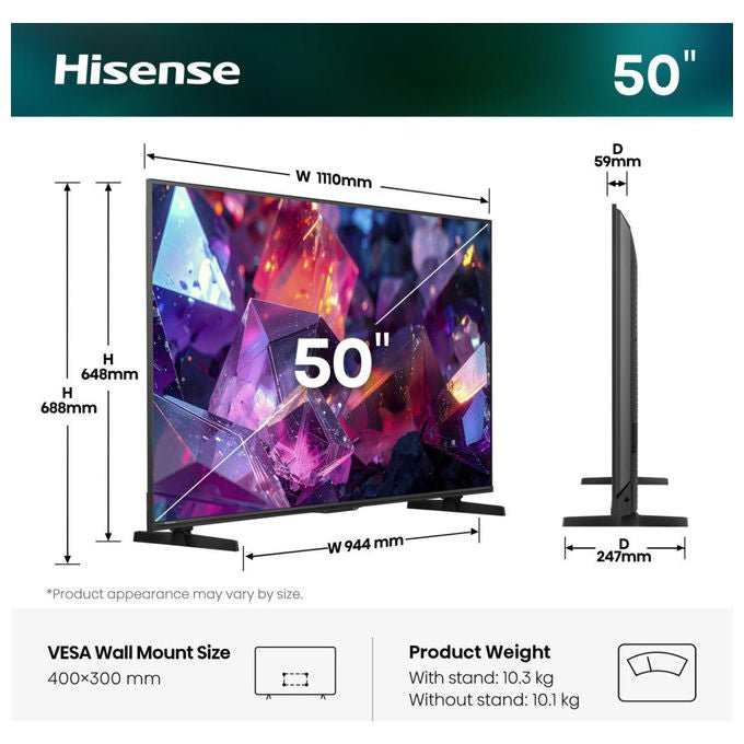 Hisense 50E7S PRO QLED Smart TV 50'' 4K 144Hz VIDAA U9 Dolby Vision Atmos colore Nero