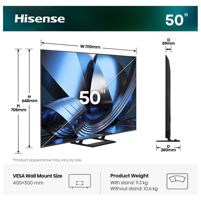 Hisense U79SE ULED 65'' Smart TV MiniLED 4K Hi-QLED MiniLED Pantone Validated Colors Hi-View AI Engine colore Nero