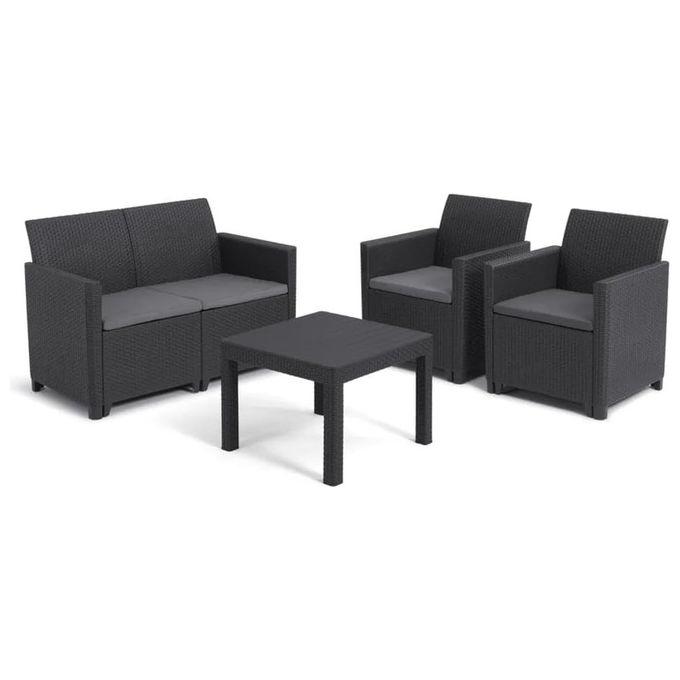 Keter Salottino Marie Lounge Set con Cuscini, Poltrone 65x63x74h Divano 113x65x74h Tavolino 58,5x58,5x43h Grafite