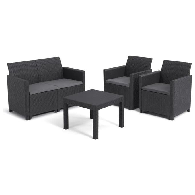 Keter Salottino Marie Lounge Set con Cuscini, Poltrone 65x63x74h Divano 113x65x74h Tavolino 58,5x58,5x43h Grafite