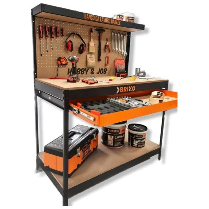 Brixo Banco da lavoro con pannello forato cassetto e ripiano Hobby e Job cm 120x60xh150