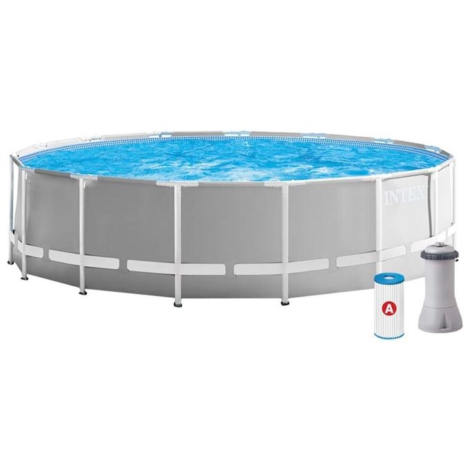 Intex 26726NP Piscina Fuori Terra Prisma Frame Rotonda Pompa Filtro 3785 L-h Scaletta Telo Base e Copertura 16805 L Acciaio e PVC Grigio 457x122 cm 457x122 cm Con Pompa Filtro