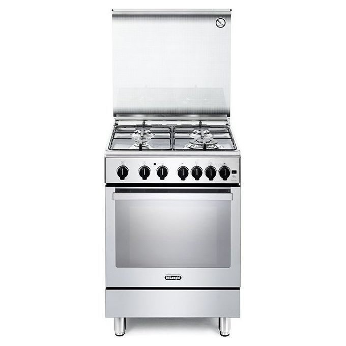 De Longhi PGVX 64 Linea Premium Cucina a Gas Libera Installazione Forno a Gas Ventilato 4 Fuochi Classe energetica A Bruciatore Tripla Corona Coperchio in Cristallo Piedoni Regolabili 6 Funzioni 60 cm Acciaio Inox