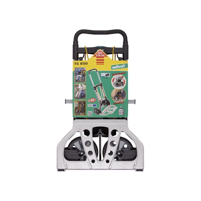 Wolfcraft 5501000 TS 850 Sistema di Trasporto Pieghevole Carico Massimo 100 Kg Ruote Antiforatura Ø 18 cm Manico Regolabile fino a 110 cm colore Nero