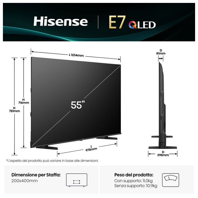 Hisense smart tv QLED 55 pollici 4K, 55E7Q, Dolby Vision, Dolby Atmos, HDR10+, VIDAA, Wi-Fi, game mode
