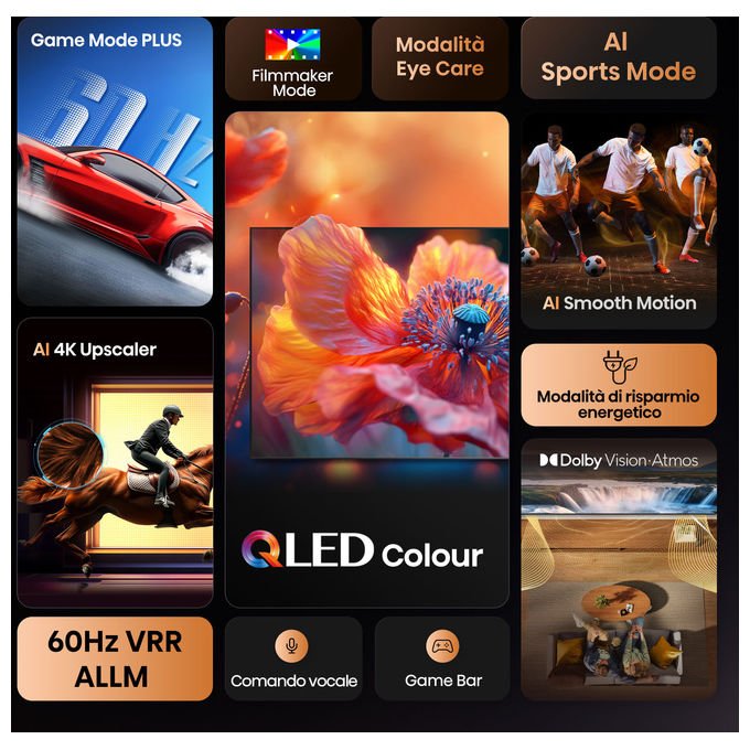 Hisense smart tv QLED 55 pollici 4K, 55E7Q, Dolby Vision, Dolby Atmos, HDR10+, VIDAA, Wi-Fi, game mode