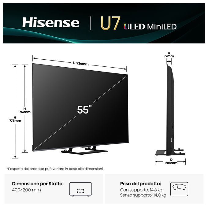 Hisense 55U7Q, tv mini led 55 pollici, 4K UHD, 144Hz, Dolby Vision, Dolby Atmos, ULED, smart tv VIDAA, quantum dot