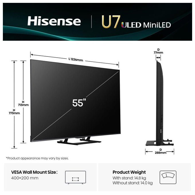 Hisense 55U7Q, tv mini led 55 pollici, 4K UHD, 144Hz, Dolby Vision, Dolby Atmos, ULED, smart tv VIDAA, quantum dot