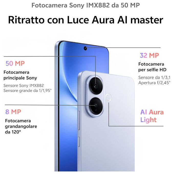 VIVO 5674787 V70 Lite 5G Smartphone 6GB 256GB Schermo 6.77 Pollici AMOLED Fotocamera 50 MP Batteria 6500 mAh Android 16.0 Blu colore Blu