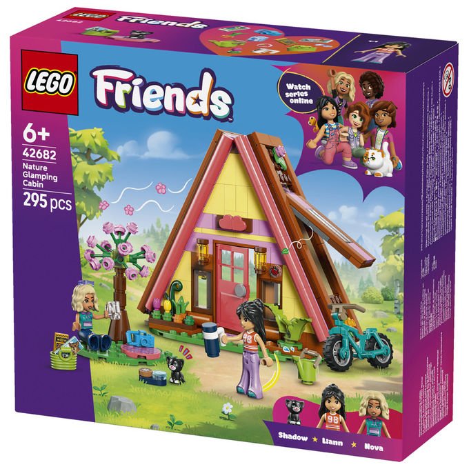 Lego 42682 Friends Cabina Glamping nella Natura Bambola Giocattolo Campfire con 2 Minifigure e Gatto colore Nero
