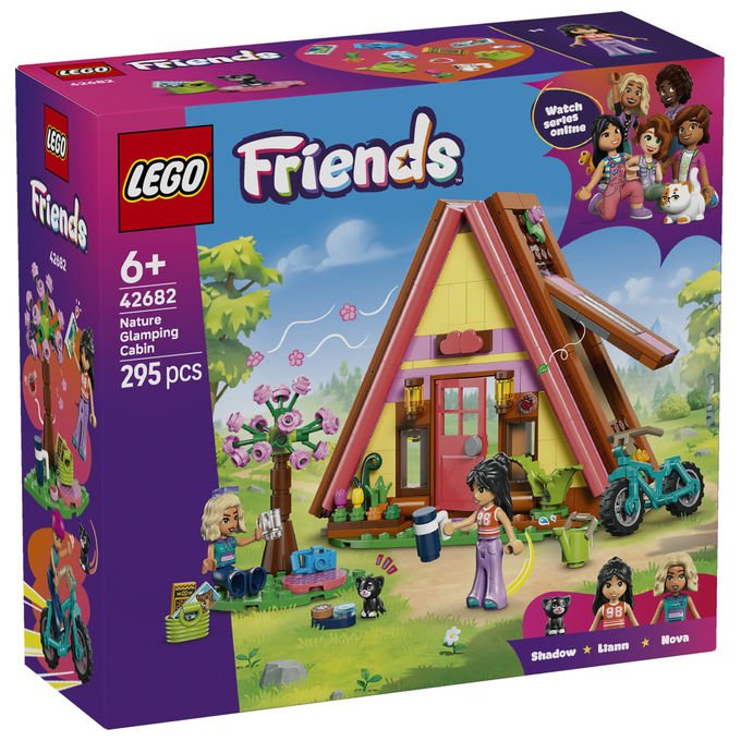 Lego 42682 Friends Cabina Glamping nella Natura Bambola Giocattolo Campfire con 2 Minifigure e Gatto colore Nero