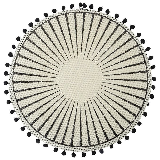 Tovaglietta tonda in juta, decoro a righe e pon pon, Black