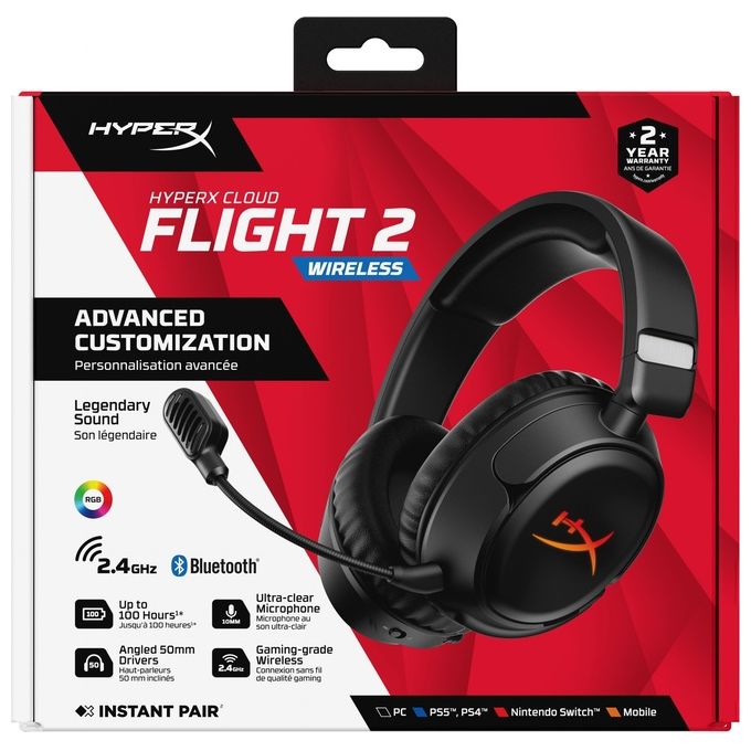 HyperX B5VC4AA Cloud Flight 2 Cuffie da gaming wireless 2.4 GHz Bluetooth 5.3 autonomia fino a 100 ore driver 50 mm microfono rimovibile colore Nero