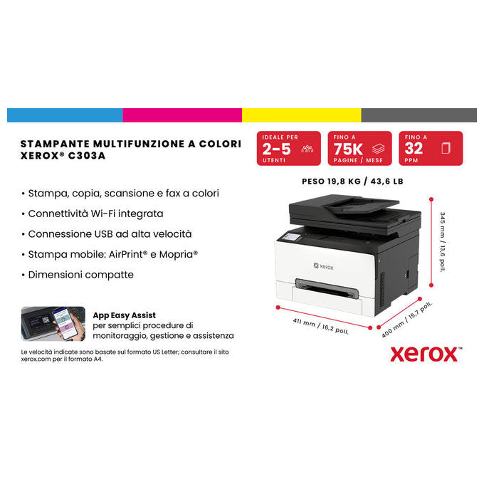 Xerox C303V_AEU C303a Stampante Multifunzione Laser a Colori Velocita' 32 ppm Stampa Fronte Retro Wi-Fi Risoluzione 2400 x 600 DPI colore Bianco e Nero