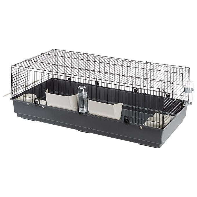 FERPLAST Gabbia Roditori RABBIT 140 per Conigli, Cavie, Porcellini d'India, in Metallo, Accessori inclusi:  Mangiatoie, Beverini, Ciotole, Casette, Rampa di accesso dall'esterno. 140x71xh51cm