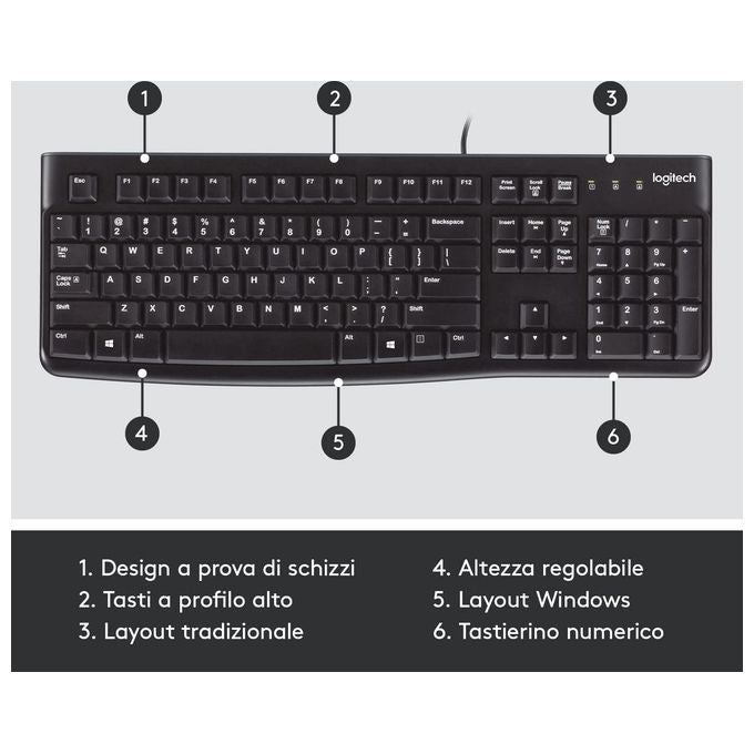Logitech K120 Tastiera USB Cablata Full-size QWERTY Italiano Nero per Windows-Linux