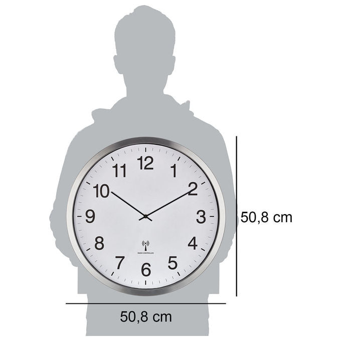 TFA Dostmann 60.3548.02 Orologio da Parete Radiocontrollato Analogico XXL con Cornice in Alluminio e Vetro colore Bianco Argento