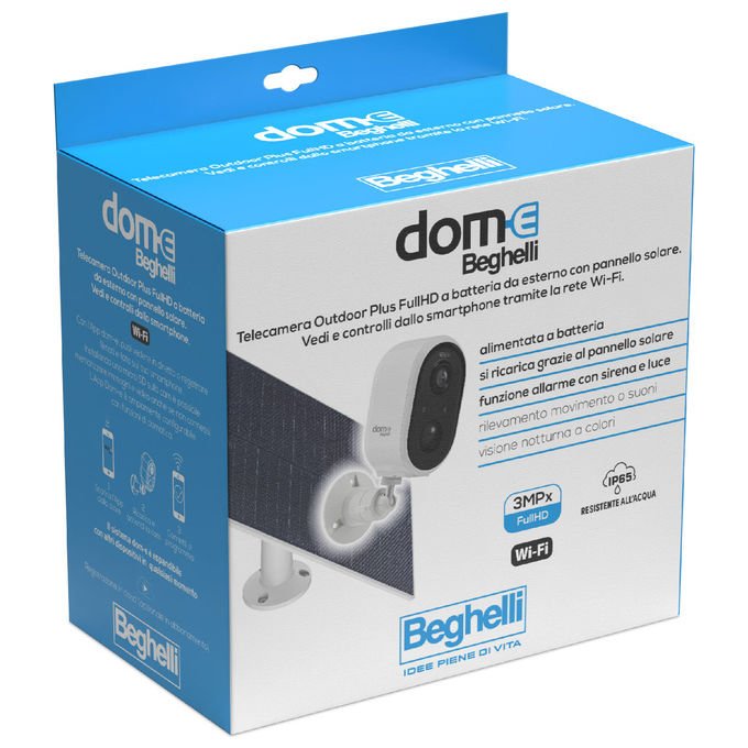 Beghelli 60025 Dom-e Kit Telecamera Outdoor con Pannello Solare Wi-Fi Full HD 3MP Batteria 5200 mAh IP65 colore Nero