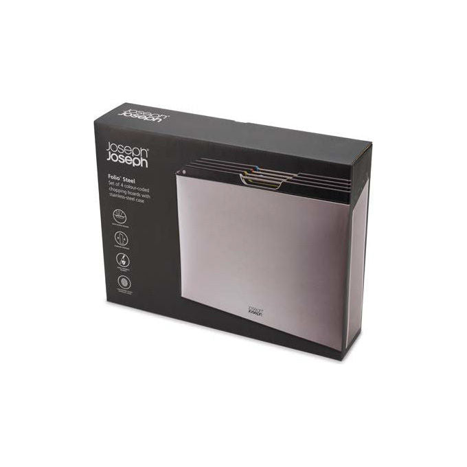 Joseph Joseph 60170 Folio Steel Set di 4 Taglieri Acciaio Inossidabile e Polipropilene con Supporto Colore Nero Argento