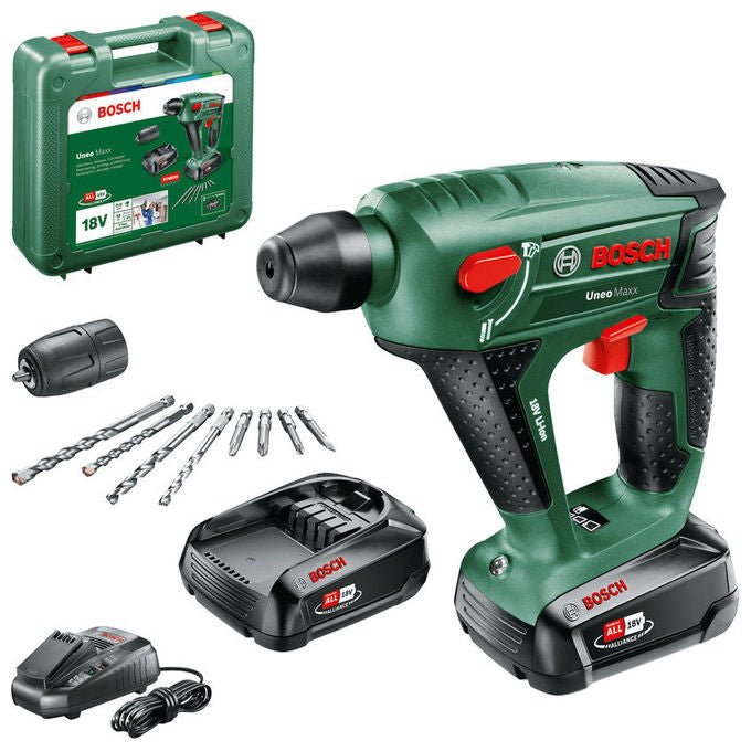 Bosch 0603952327 Uneo Maxx Martello Perforatore 3 in 1 SDS Quick 18 V 2 Batterie 2.5 Ah 0.6 J colore Nero