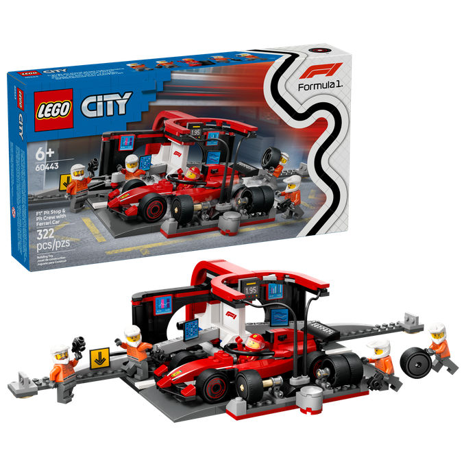 Lego 60443 City Formula 1 Set da Costruzione Pit Stop e Meccanici con Monoposto Ferrari F1 322 Pezzi 5 Minifigure eta' 6+