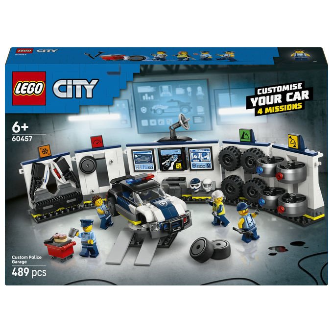 Lego city officina delle auto della polizia 60457, 489 pezzi, 4 minifigure, garage modulare, eta' 6+