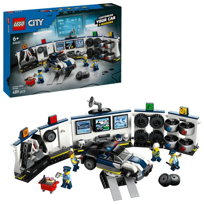 Lego city officina delle auto della polizia 60457, 489 pezzi, 4 minifigure, garage modulare, eta' 6+