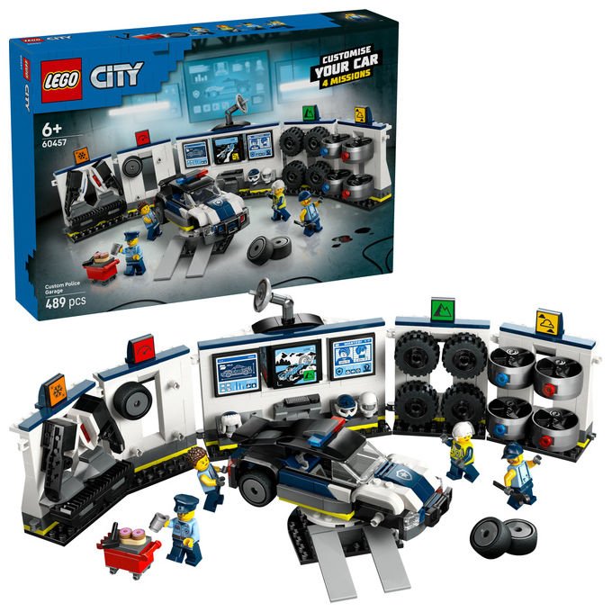 Lego city officina delle auto della polizia 60457, 489 pezzi, 4 minifigure, garage modulare, eta' 6+