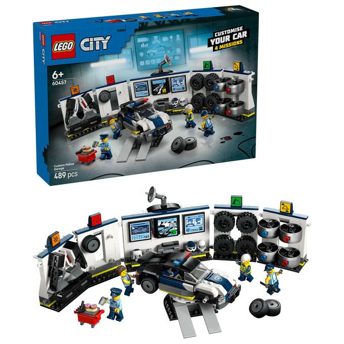 Lego city officina delle auto della polizia 60457, 489 pezzi, 4 minifigure, garage modulare, eta' 6+