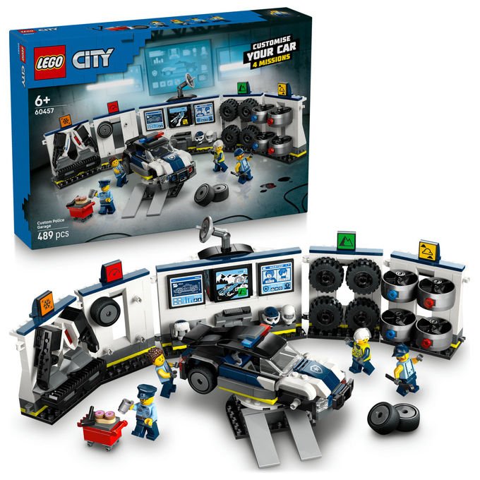 Lego city officina delle auto della polizia 60457, 489 pezzi, 4 minifigure, garage modulare, eta' 6+